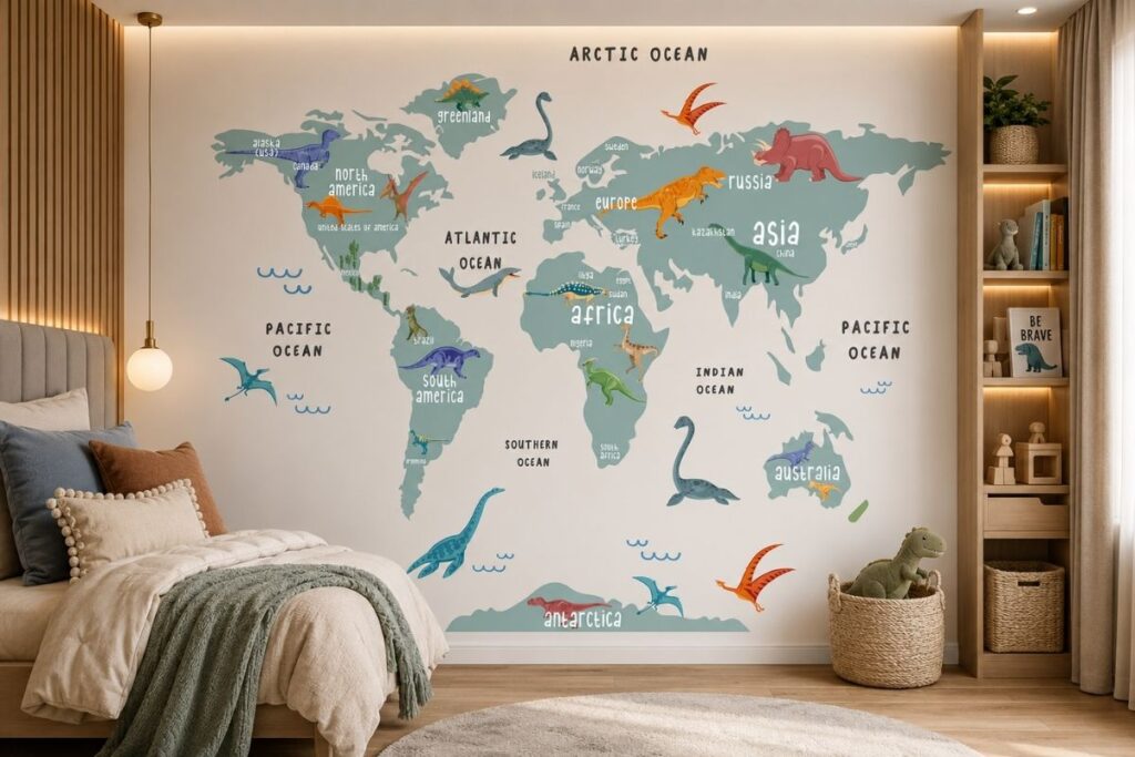Premium world map wall art featuring sage green continents and colorful dinosaur illustrations in a warm modern kids bedroom