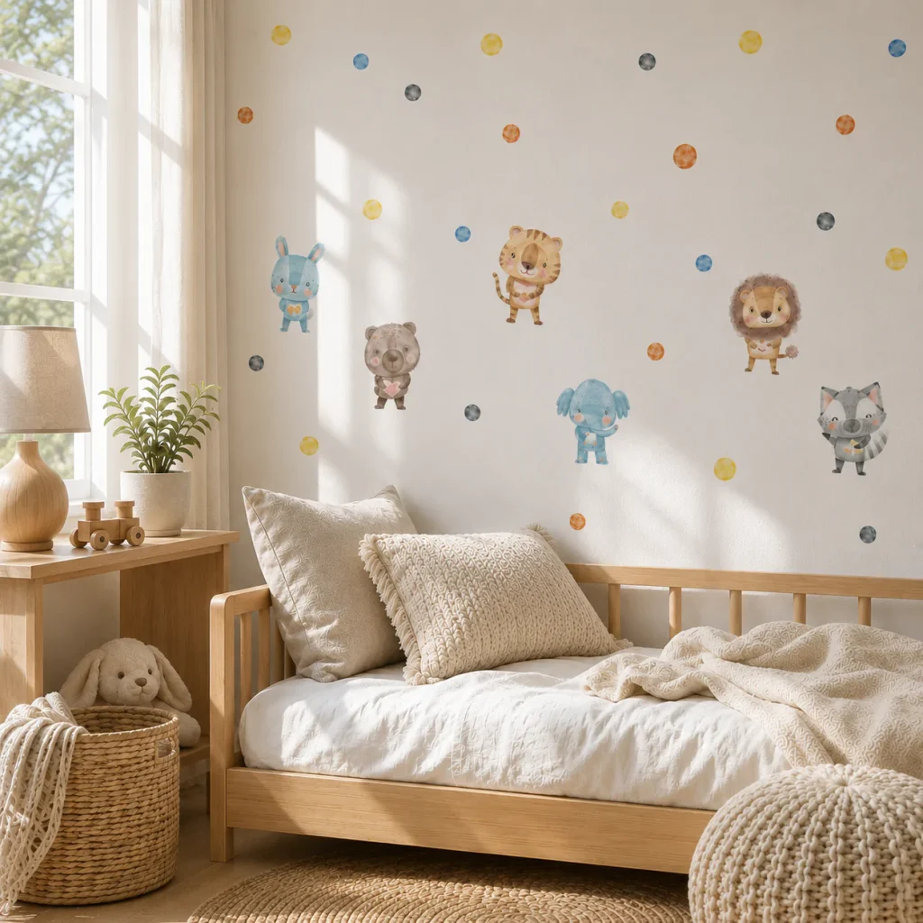 Baby safari animal wall decals in a gender neutral nursery