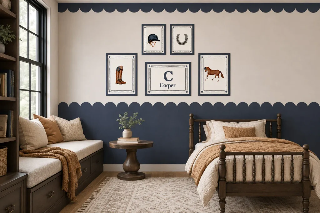 Navy scalloped half wall accent in a nursery room