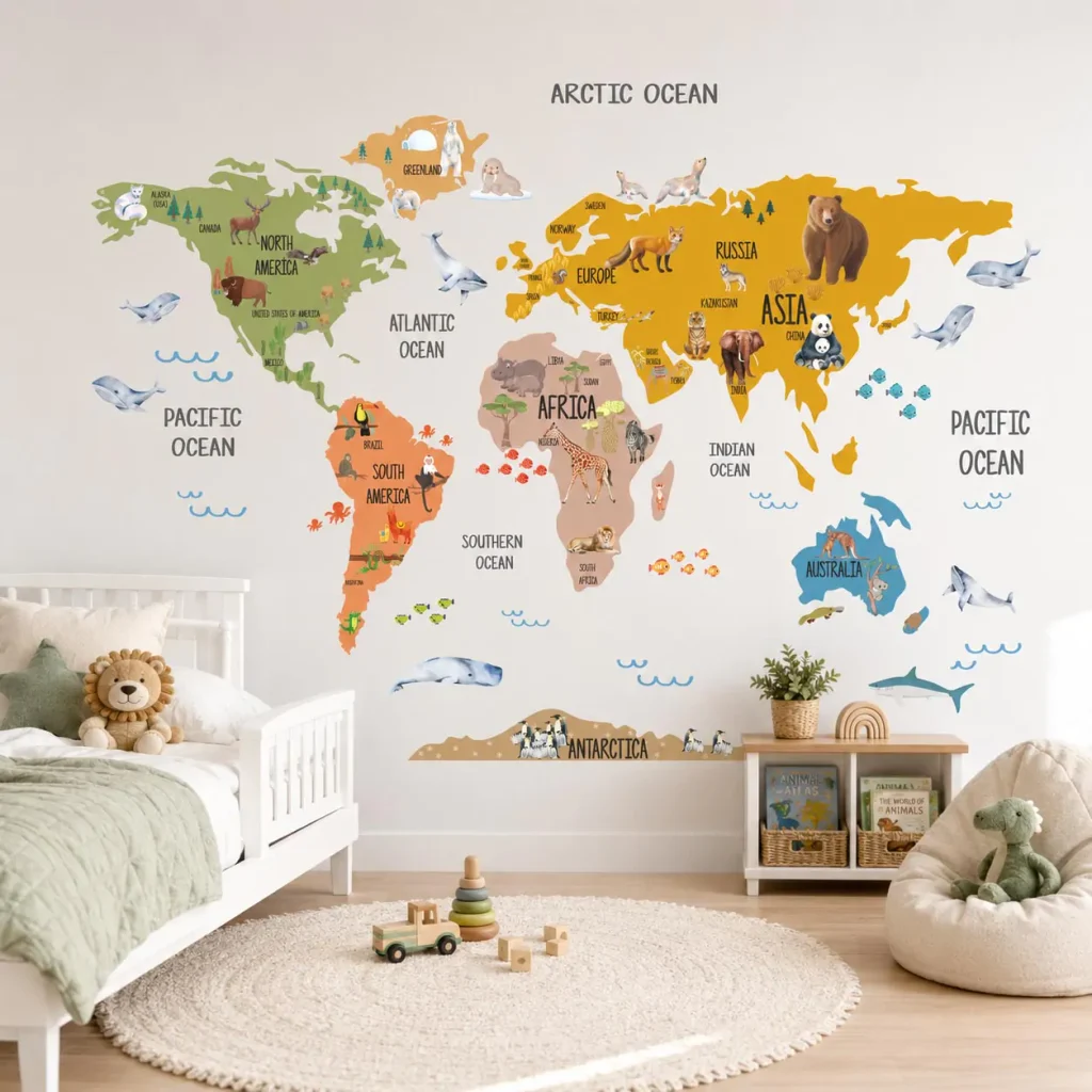 Gender neutral nursery color ideas with world map wall decal