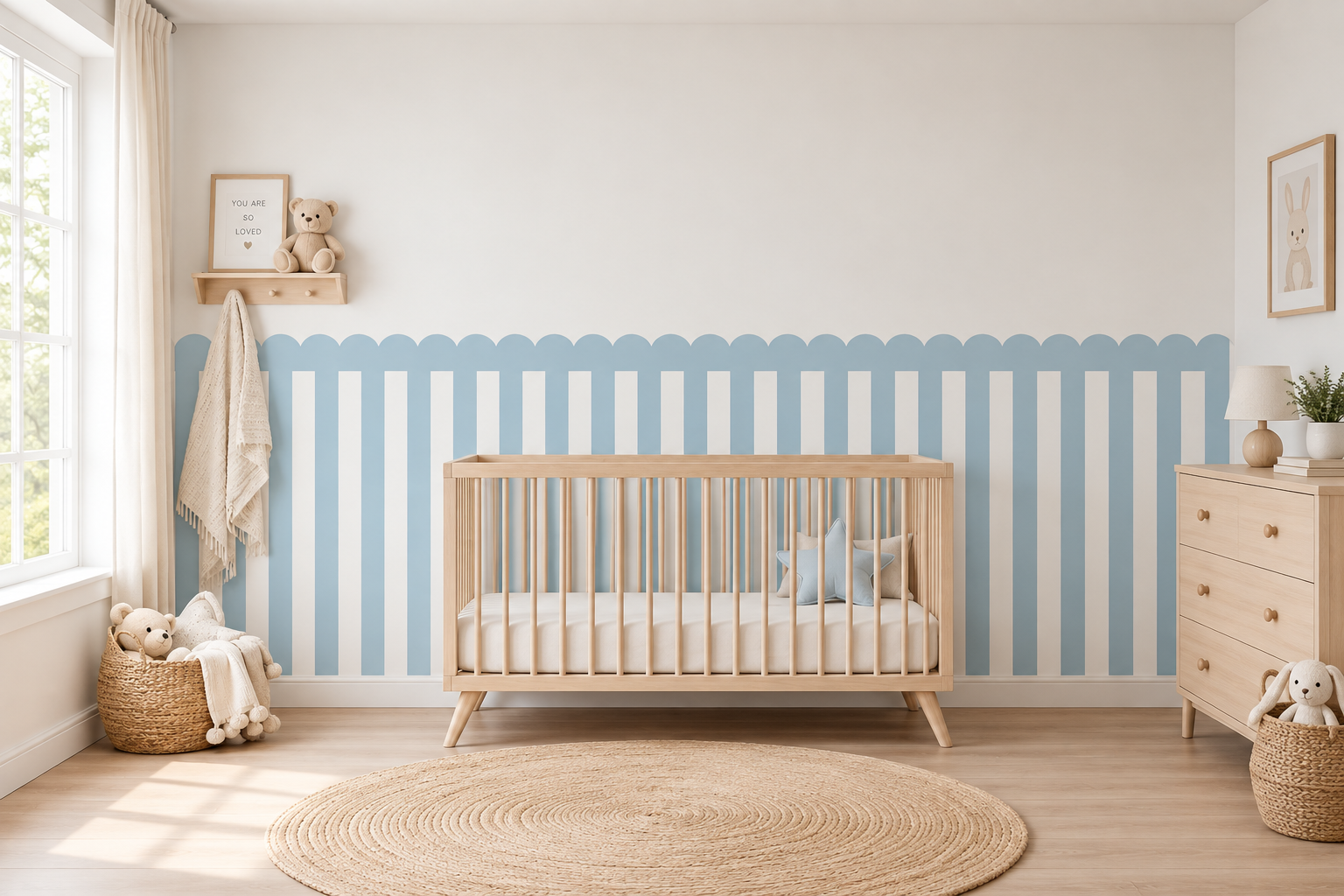 Nursery accent wall ideas with blue scalloped wall design