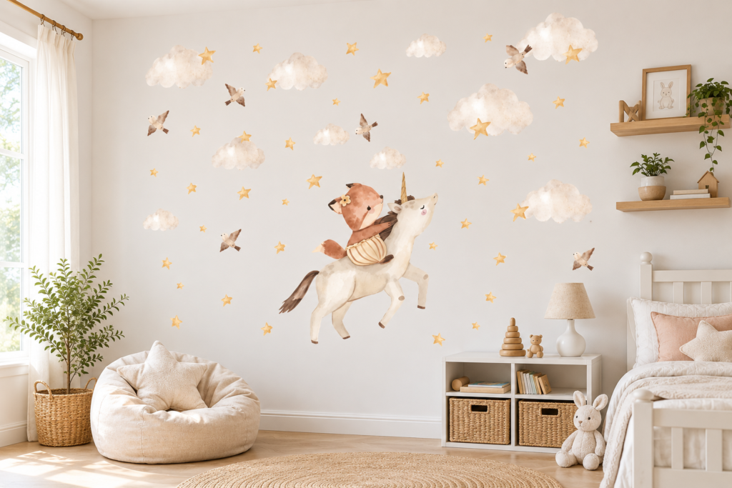 Neutral nursery color ideas with animal wall decals