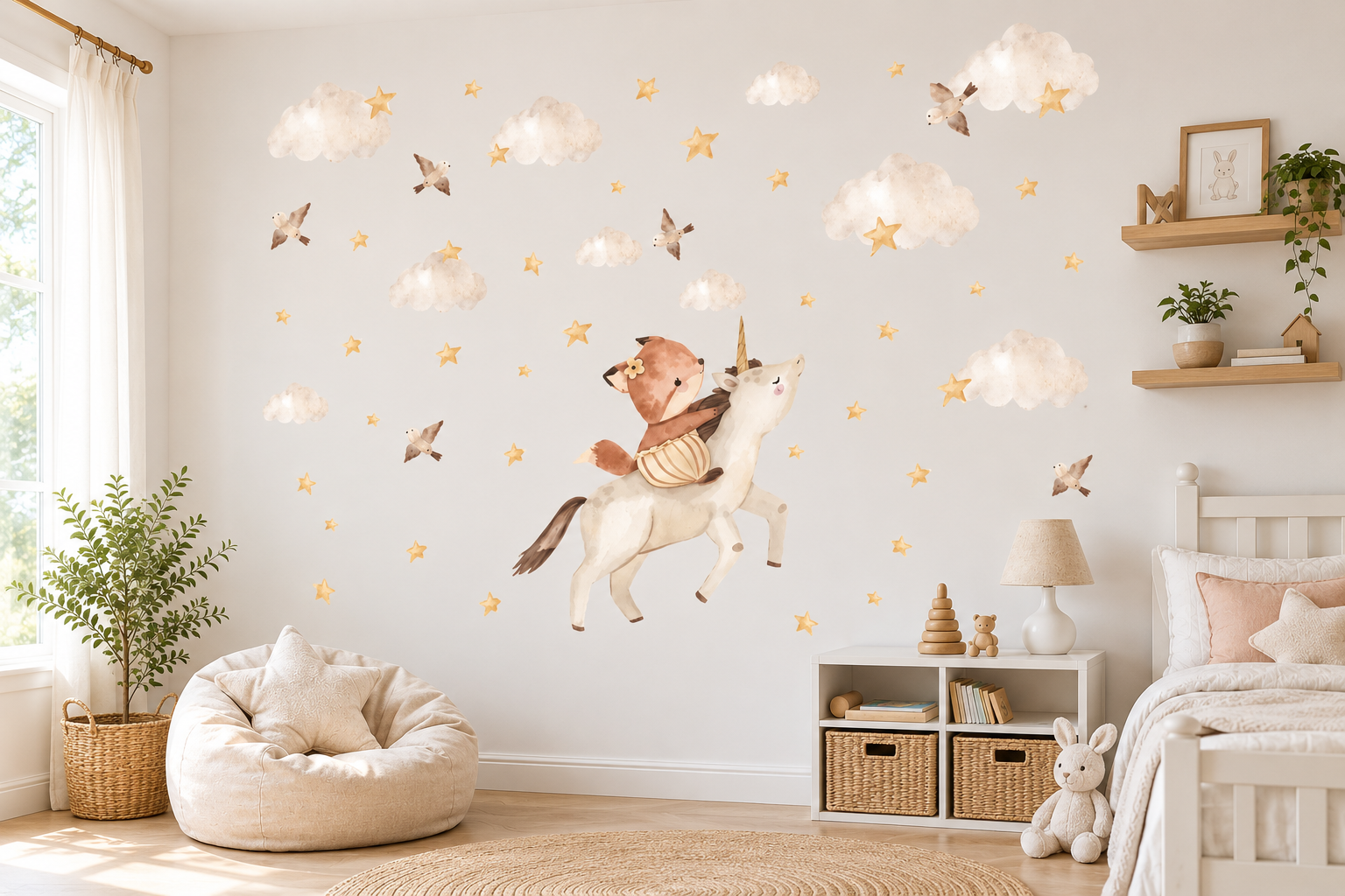 Neutral nursery color ideas with animal wall decals