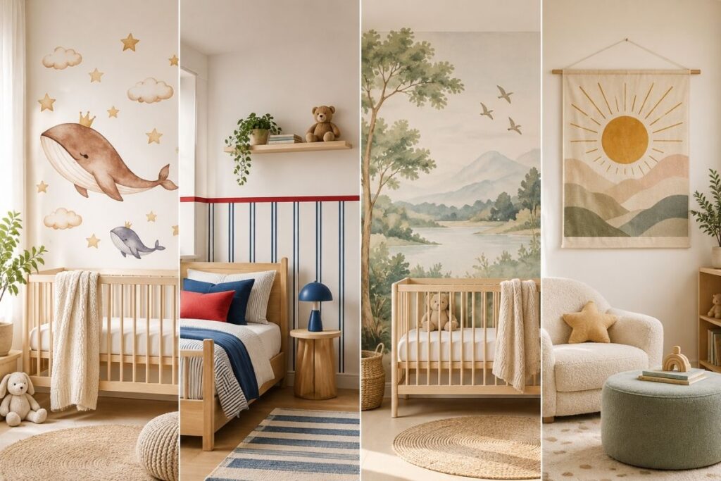 Nursery wall graphics featuring decals, half wallpaper, a mural, and a tapestry